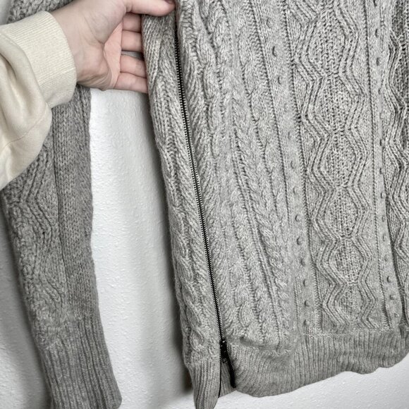 JCREW Size Medium 100% Wool Cable Knit Fisherman Asymmetrical Zip Gray Sweater - Picture 6 of 12